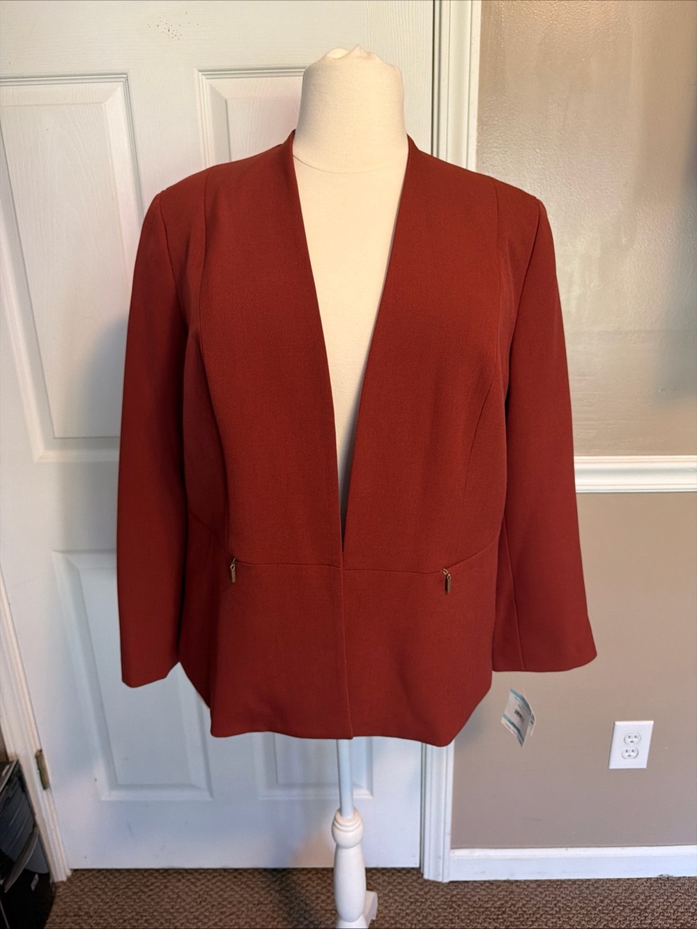 Kasper Rust Brown Lined Open-Front zipper pockets Blazer 20W